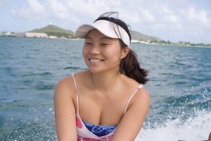 Susan on Boat Susan with Wind blowing