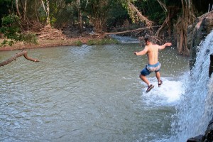 jumping ....and there he goes! It was about a 25 ft drop.
